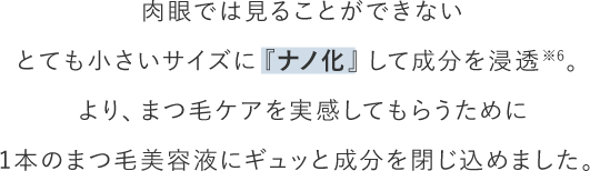 肉眼では見ることができないとても小さいサイズに『ナノ化』して成分を浸透※6。
          より、まつ毛ケアを実感してもらうために1本のまつ毛美容液にギュッと成分を閉じ込めました。