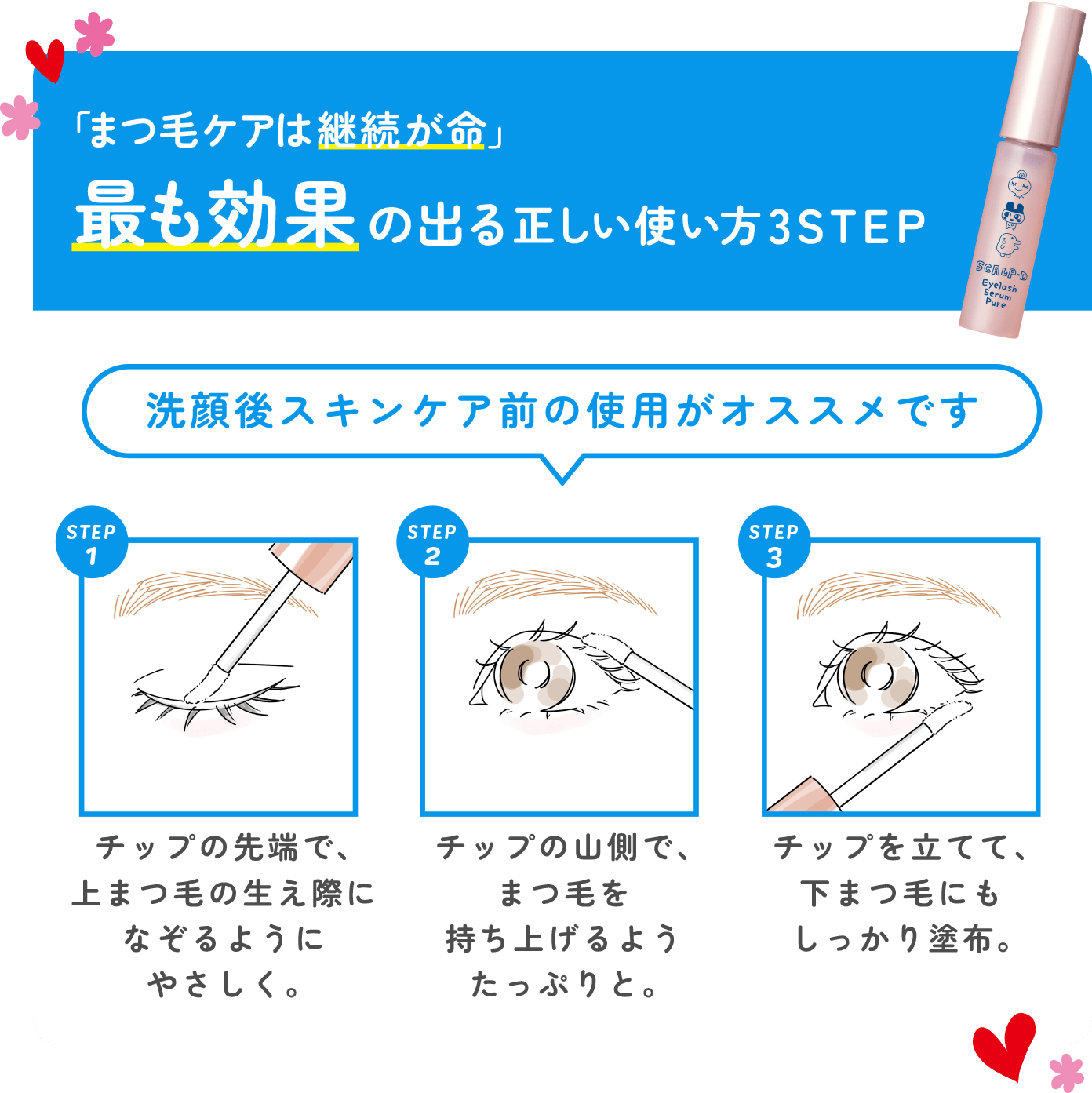 「まつ毛ケアは継続が命」最も効果の出る正しい使い方3STEP 洗顔後スキンケア前の使用がオススメです チップの先端で、上まつ毛の生え際になぞるようにやさしく。 チップの山側で、まつ毛を持ち上げるようたっぷりと。 チップを立てて、下まつ毛にもしっかり塗布。