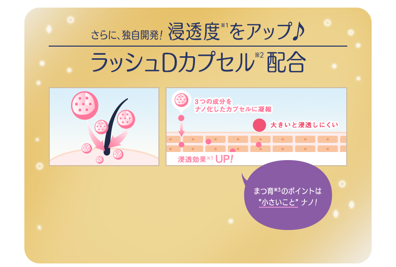 さらに、独自開発! 浸透度(※1)をアップ♪ ラッシュDカプセル(※2)配合 まつ育(※3)のポイントは“小さいこと” ナノ!
