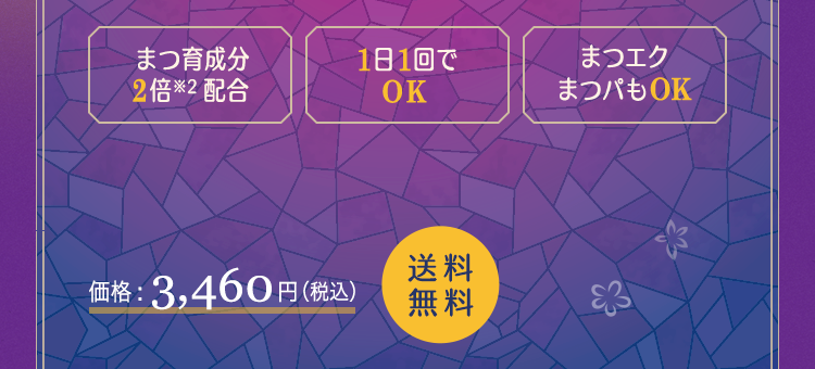 まつ育成分2倍配合(※2) / 1日1回でOK / まつエクまつパもOK 価格:3,460円(税込)送料無料