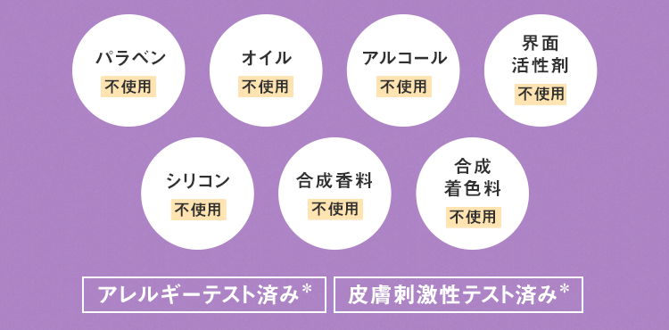 パラベン 不使用 / オイル 不使用 / アルコール 不使用 / 界面活性剤 不使用 / シリコン 不使用 / 合成香料 不使用 / 合成着色料 不使用