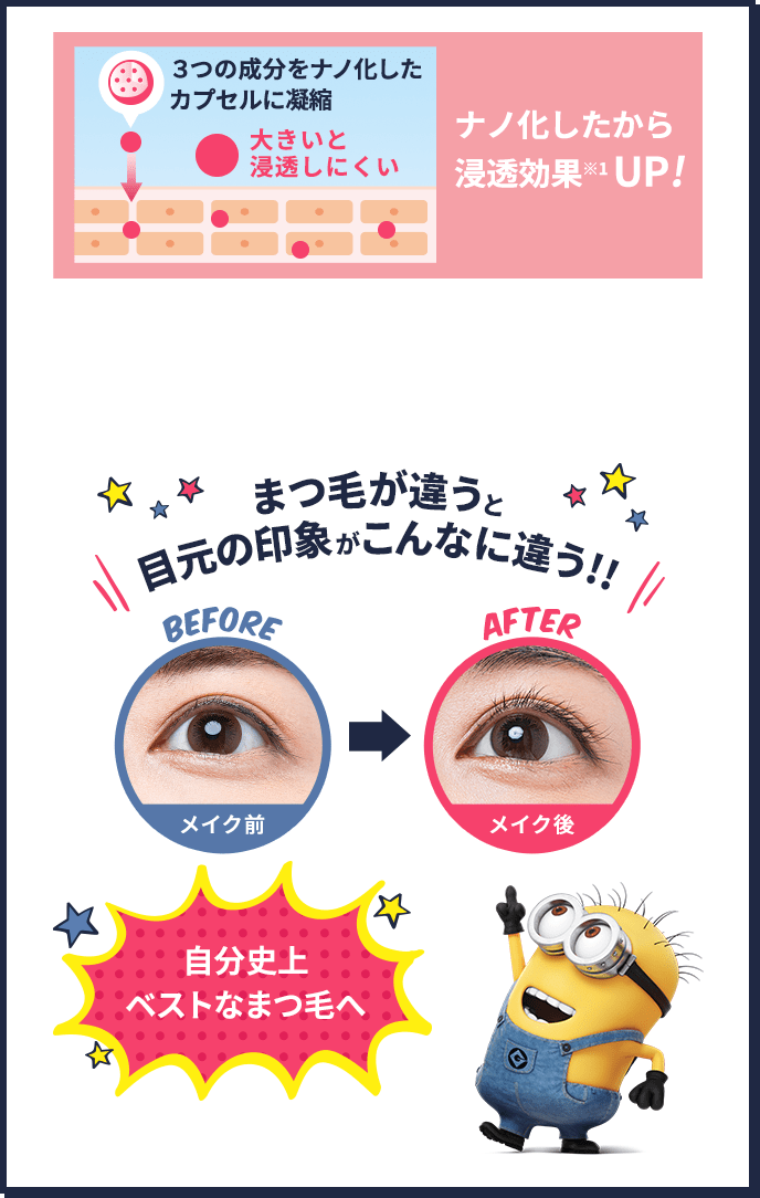 3つの成分をナノ化したカプセルに凝縮 大きいと浸透しにくい ナノ化したから浸透効果(※1)UP! まつ毛が違うと目元の印象がこんなに違う!! 自分史上ベストなまつ毛へ