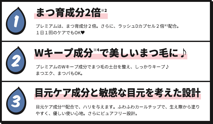 1 プレミアムは、まつ育成分2倍。さらに、ラッシュDカプセル2倍※3配合。1日1回のケアでもOK 2 Wキープ成分※4で美しいまつ毛に♪ プレミアムのWキープ成分でまつ毛の土台を整え、しっかりキープ♪ まつエク、まつパもOK。 3 目元ケア成分と敏感な目元を考えた設計目元ケア成分※5配合で、ハリを与えます。ふわふわカールチップで、生え際から塗りやすく、優しい使い心地。さらにピュアフリー設計。