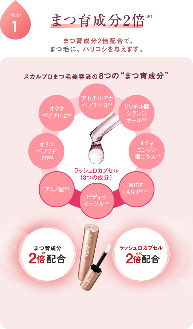 贅沢なまつ育成分2倍※1 まつ育成分※2たっぷり配合で、オトナのまつ毛に、ハリコシを与えます。